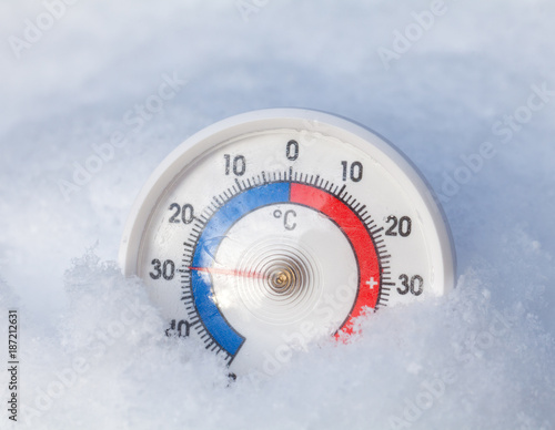 Frozen thermometer shows minus 29 Celsius degree extreme cold winter weather concept