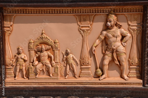 Rishikesh, India. Bas-relief in the Hindu temple of Hanuman