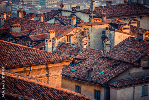 Bergamo Alta old town at sunset - S.Maria Maggiore Piazza Vecchia - Lombardy Italy photo