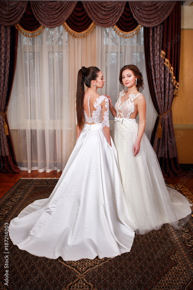 Fototapeta premium Two brides in gorgeous wedding dress studio portrait.