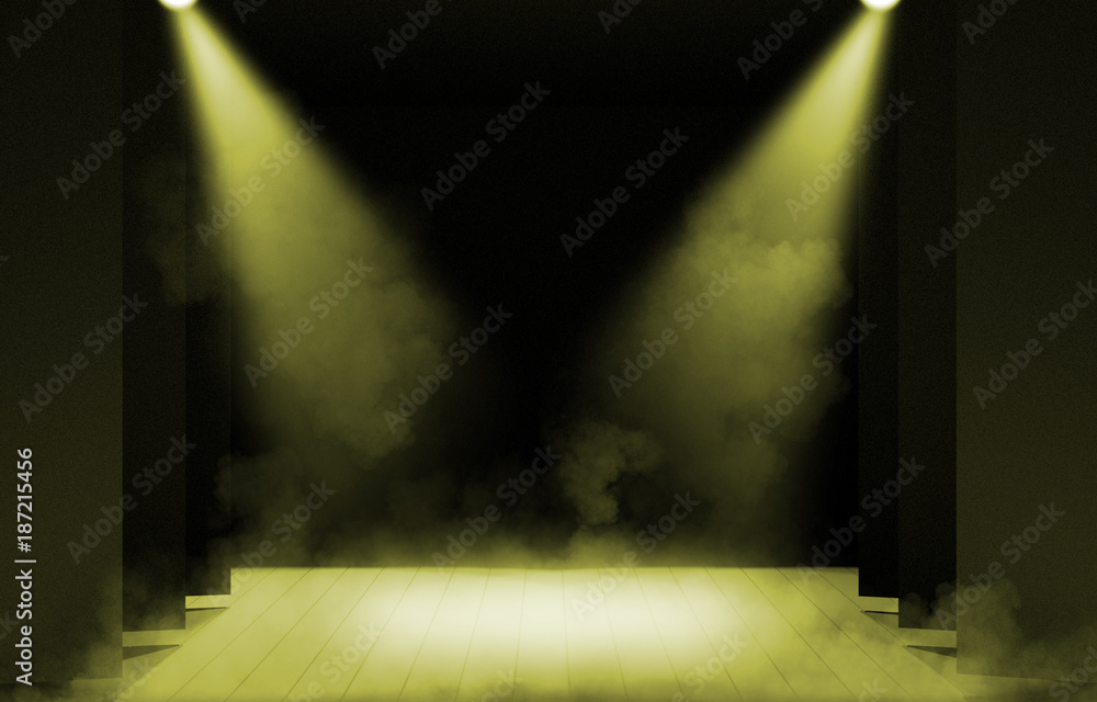 Stage lights ,free stage,concerrt stage .Several projectors on the ceiling. Spotlight strike through the darkness to the floor.