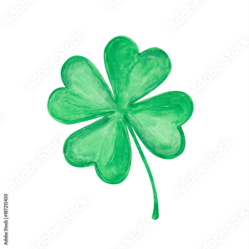 Vector four-leaf clover. Hand drawn watercolor illustration on white.