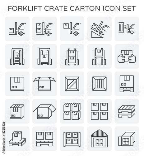 Forklift vector icon. May called fork or lift truck. Include stack of wood crate, cardboard box on pallet for industry i.e. storage, distribution warehouse. Also freight transport, logistic, shipping.