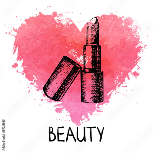 Beauty sketch background with splash watercolor heart. Cosmetic accessories. Vintage hand drawn vector illustration