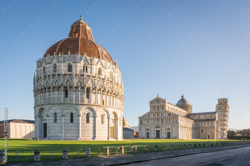 Pisa Baptistery, the Pisa Cathedral and the Tower of Pisa,Unesco world heritage site. They are located in the Piazza dei Miracoli (Square of Miracles) in Pisa, Italy.

