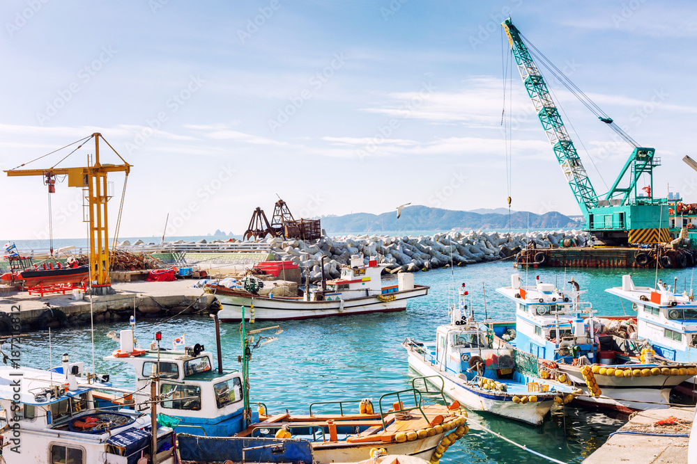 Multicolored fishing vessels in port