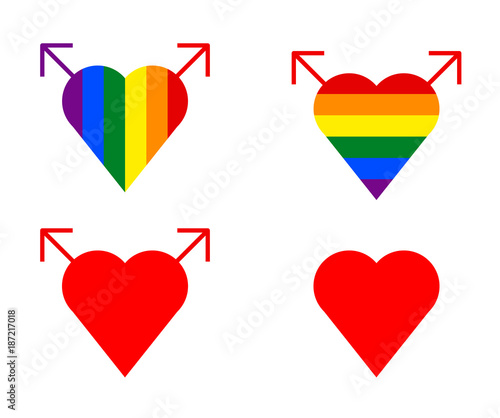 Original design of a set of four icons or logos of hearts with gay motif. Union of male symbols forming a heart.