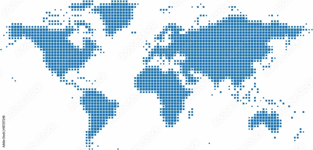 Naklejka premium Mapa świata niebieski kwadrat na białym tle, ilustracji wektorowych.