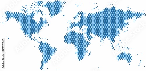 Blue hexagon shape world map on white background, vector illustration.