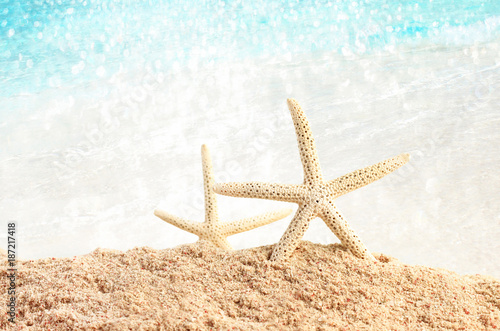 Starfish on sand  turquoise shiny sea water background and sunlight behind. Tropical relaxing beach vacation.