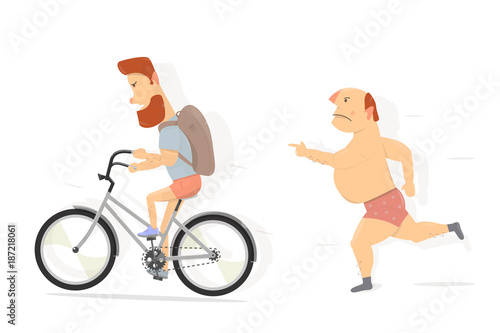 Bicycle, bearded guy character. Funny man.