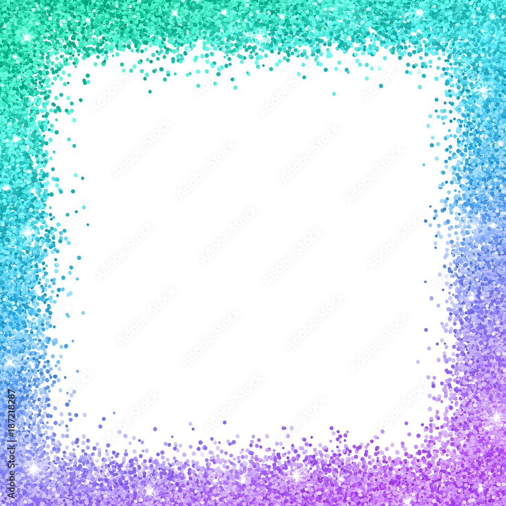 Glitter border frame with turquoise blue purple color effect. Vector