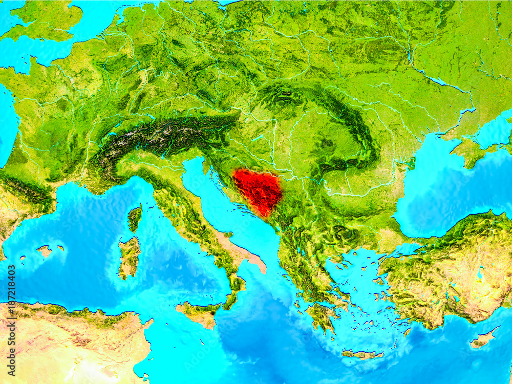 Bosnia and Herzegovina in red on Earth
