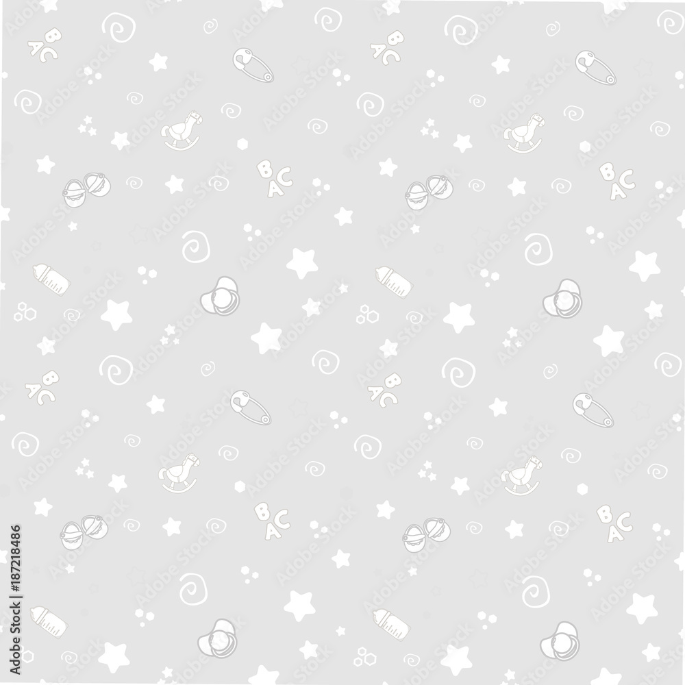 Seamless pattern baby set on grey background. cute delicate illustration, soft Pastel color. printing on paper and fabric