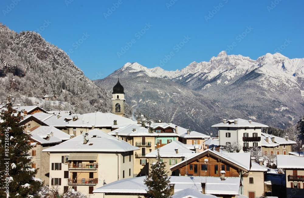 Alpine village of Bondo, Sella Giudicarie (TN), Trentino Alto Adige. Italy. Snowy landscape