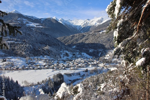Alpine village of Bondo, Sella Giudicarie (TN), Trentino Alto Adige. Italy. Snowy landscape