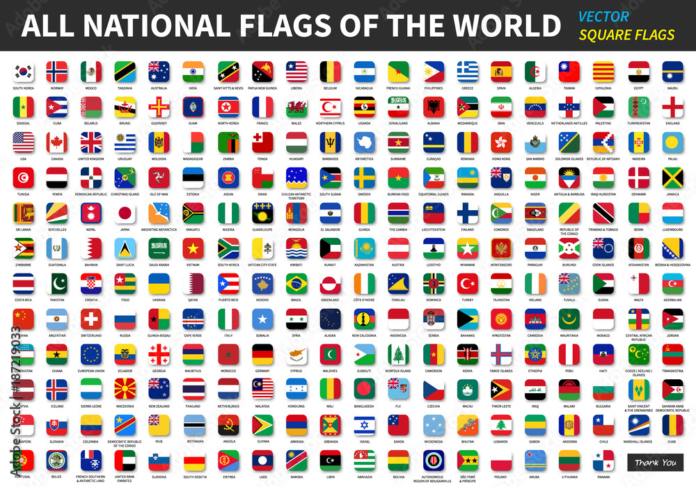Fototapeta premium All official national flags of the world . Square design . Vector