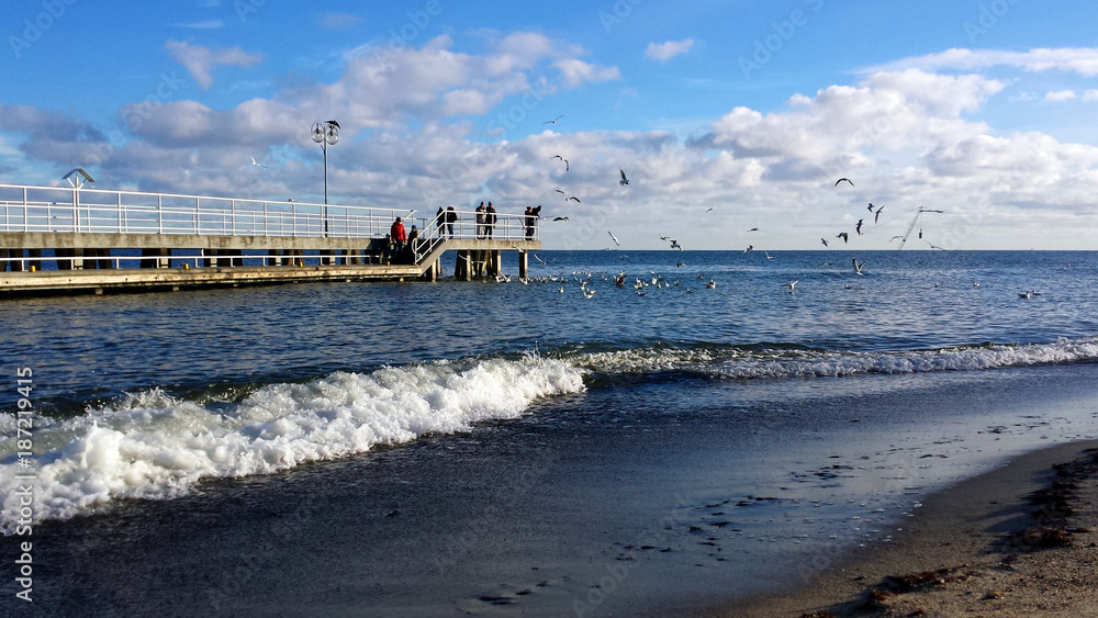 Gdynia, Poland - January 07, 2018: Sunday walk by the sea, people feed birds.