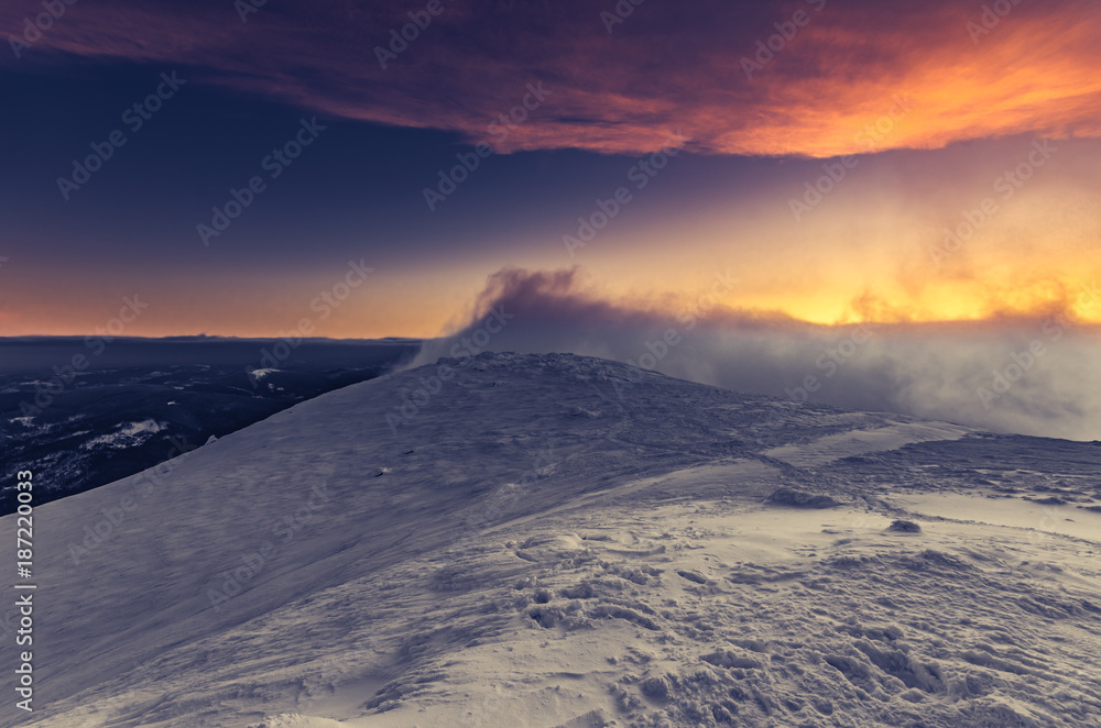 Winter mountain landscape - sunrise on Babia Gora, Poland