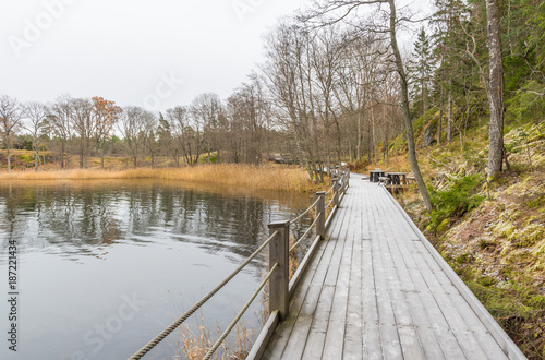 En frostig strandpromenad vid vattnet i en vik på Värmdö photo