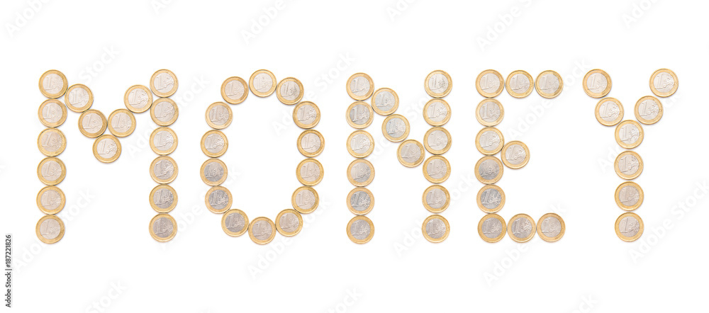 money word written with coins, the message is on white background money word written with coins, the message is on white background