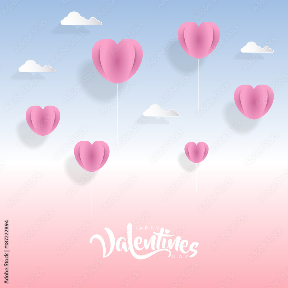  Valentines day background with heart balloons in paper art style