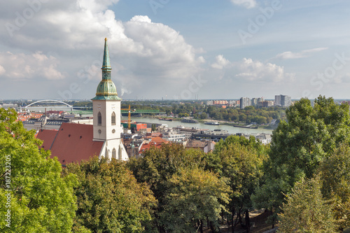 Bratislava cityscape with St. Martin Cathedral and Danube river, Slovakia.