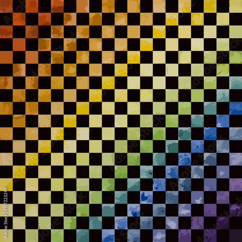 Watercolor chess texture on a black background. Color vector illustration.