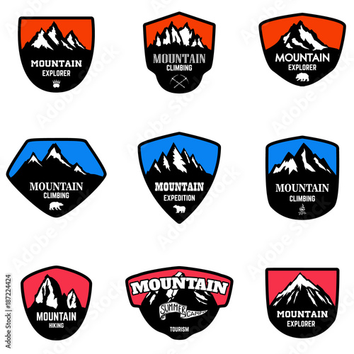 Set of mountain tourism, hiking emblems. Design element for logo, label, emblem, sign.