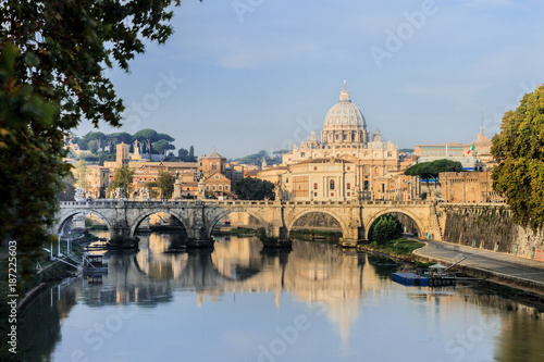 Angels bridge, St. Peters basilica and river Tibra, Rome, Italy