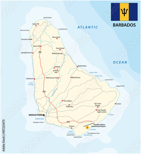 barbados road vector map with flag