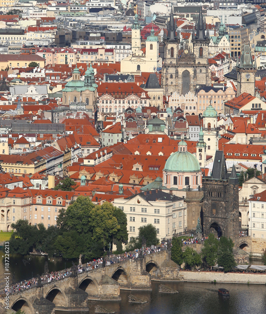 Prague City with charles bridge over the Vltava river