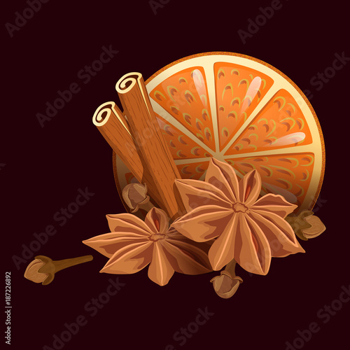 Sliced orange with cinnamon sticks, anise and cloves