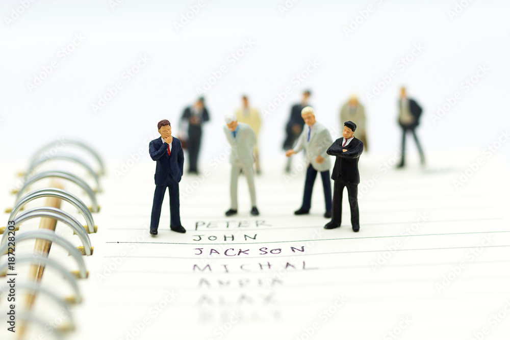Miniature people, Group of businessmen work with team, using as background Choice of the best suited employee, HR, HRM, HRD, job recruiter concepts.