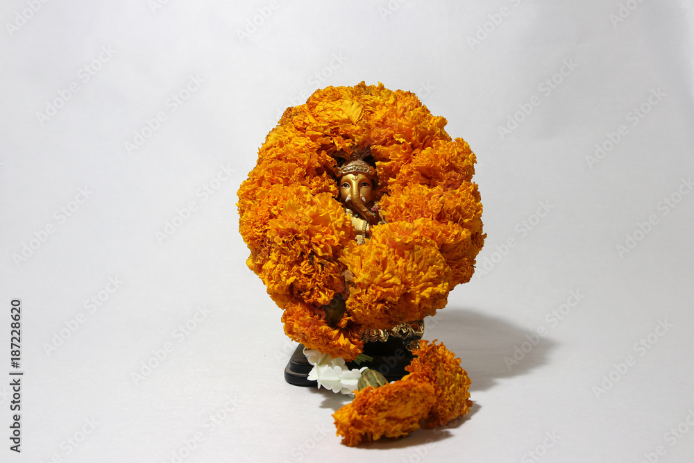 Ganesha made from brass with garland yellow marigold flower and white
