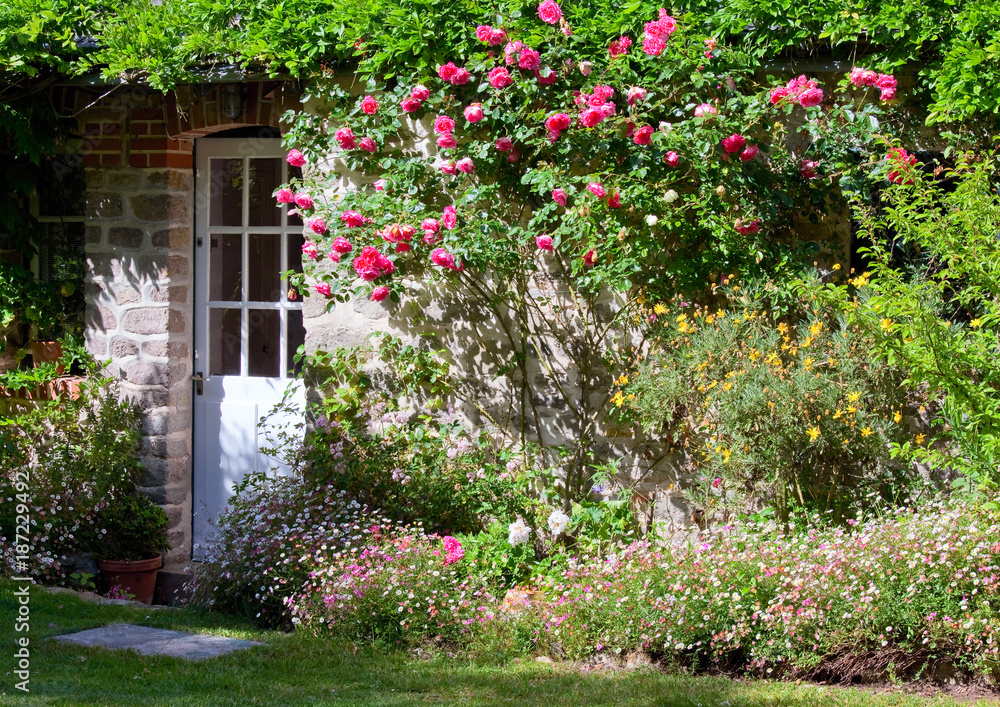 Fototapeta premium Mały ogród kwiatowy i róża na fasadzie domu