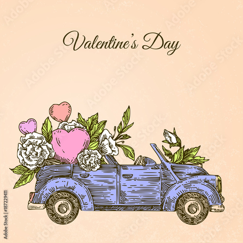 Vintage car with pink hearts decorated with flowers. Engraving style. Color. Vector illustration.