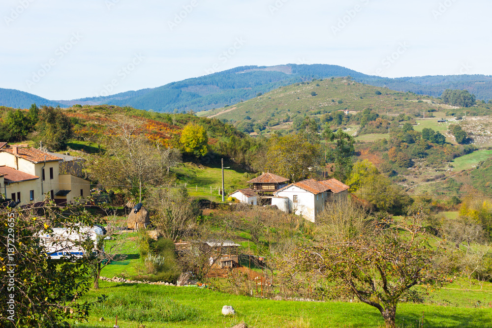 Pastoral landscape of Asturian village. Asturias, Spain