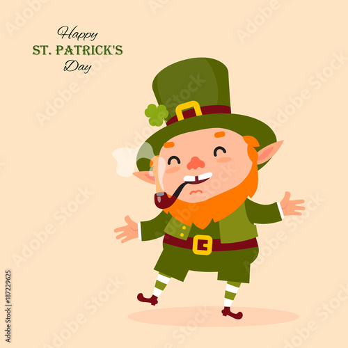 Leprechaun smokes a pipe, laughs and dances. St.Patrick 's Day. Festive collection. Vector illustration