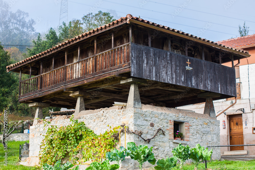 Asturian granary (horreo) in the garden in Gallegos, Asturias, Spain