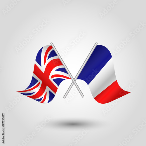 vector two crossed british and french flags on silver sticks - symbol of united kingdom and france