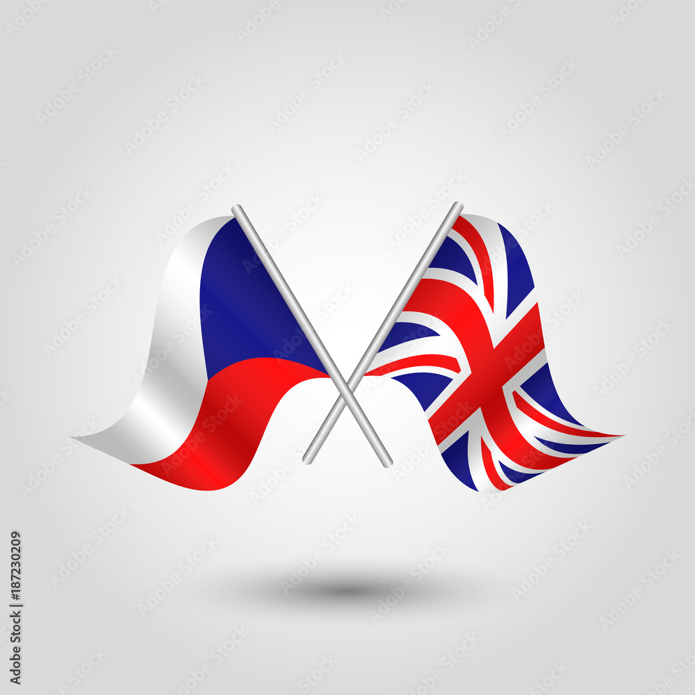 Fototapeta premium vector two crossed czech and british flags on silver sticks - symbol of czech republic and united kingdom