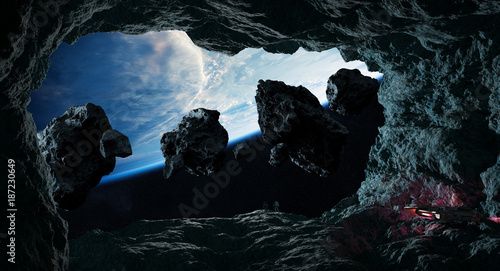 Fototapeta Naklejka Na Ścianę i Meble -  Astronauts exploring a cave in asteroid 3D rendering elements of this image furnished by NASA