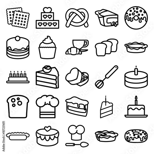 Bakery icons. set of 25 editable outline bakery icons