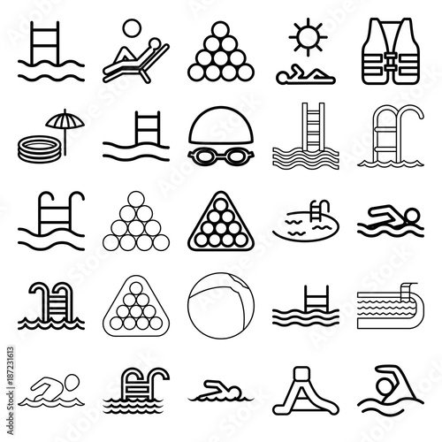 Pool icons. set of 25 editable outline pool icons