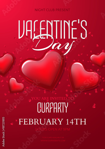Vector beautiful template of a poster for a party of Valentine's day with glossy hearts and confetti. Red holiday romantic background for design of flyers and invitations. File contains clipping mask.