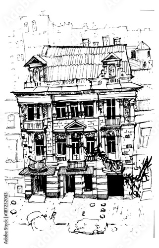 Castle Landscape. Travel Background. Castle building. Hand drawn sketch illustration.
