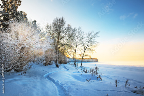 Winter landscape on the river. The river Ob, and the Ob reservoir, Novosibirsk, Siberia, Russia