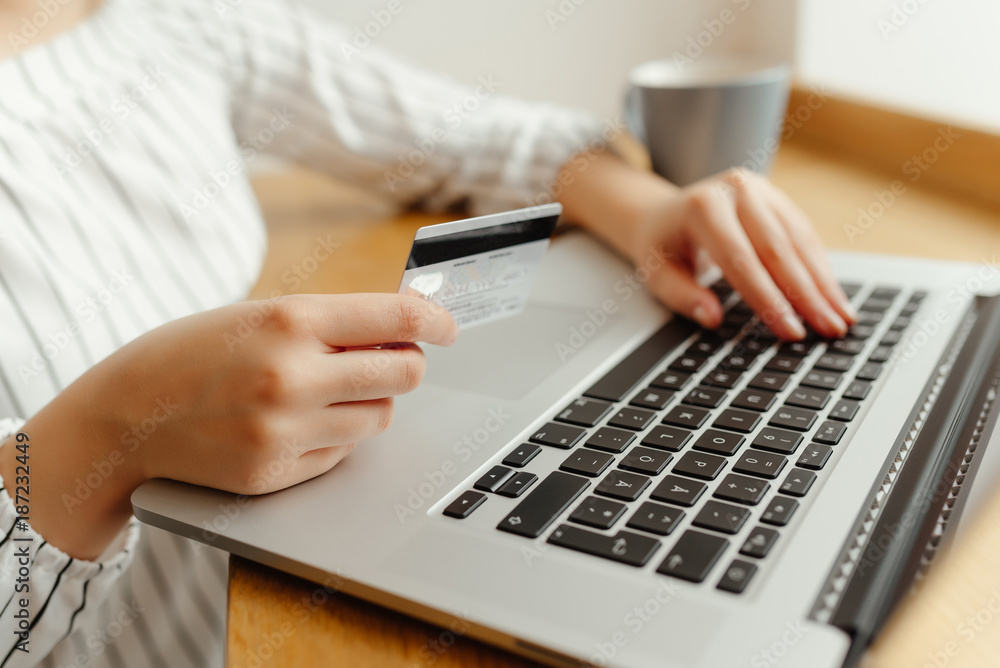 Woman with laptop shopping online. Payment Transaction at Computer using Credit Card Woman with laptop shopping online. Payment Transaction at Computer using Credit Card