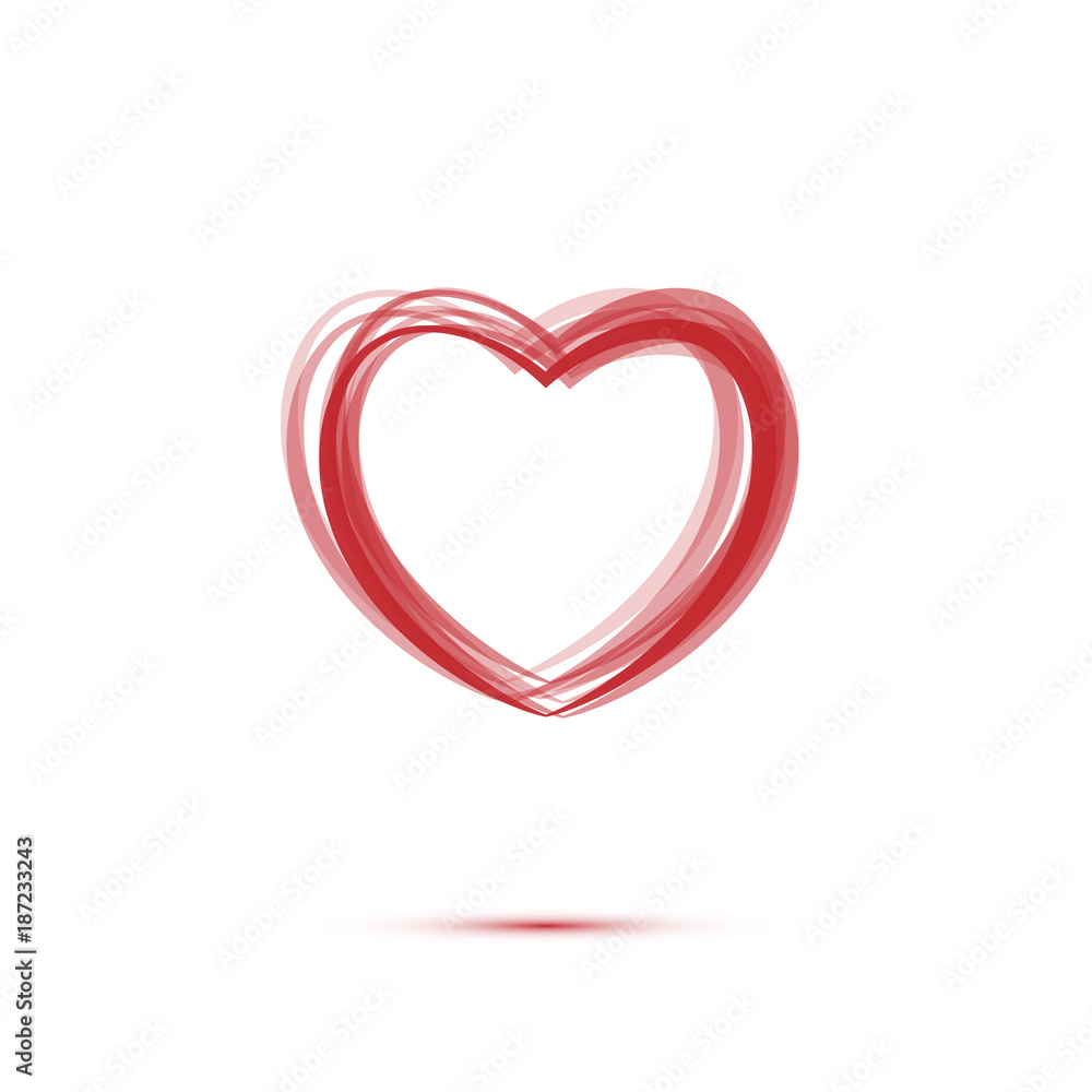 Heart sign with shadow made of red lines isolated on white background. Vector illustraton.